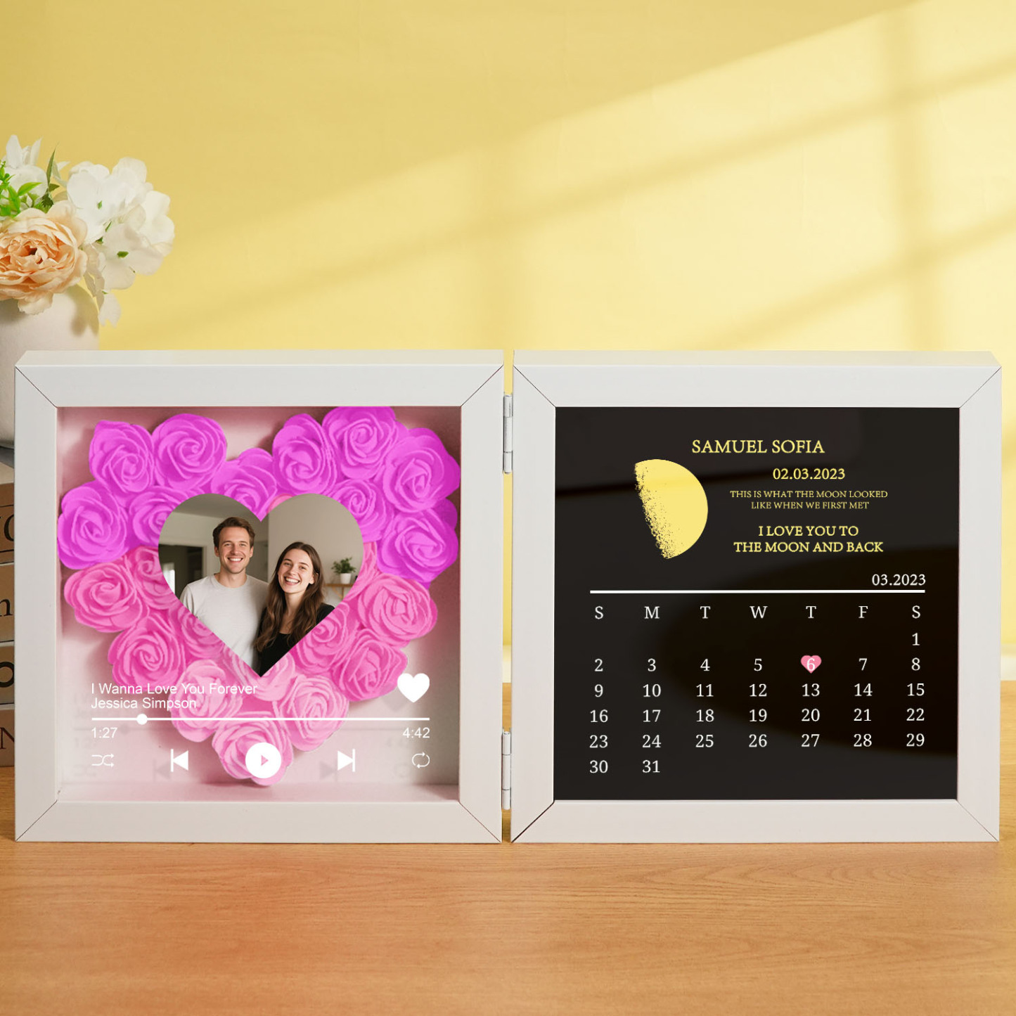 Custom Flowers Song Frame with Real Moon Phase Can Play Music Anniversary Calendar Gift for Her - CustWitUK