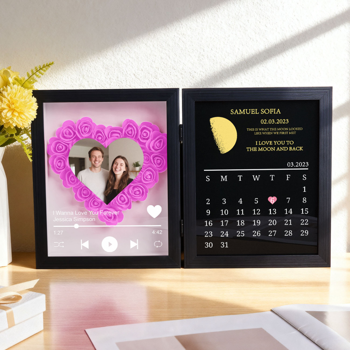 Custom Flowers Song Frame with Real Moon Phase Can Play Music Anniversary Calendar Gift for Her - CustWitUK