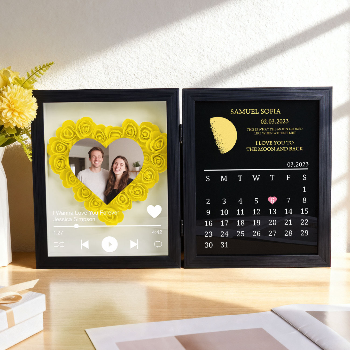 Custom Flowers Song Frame with Real Moon Phase Can Play Music Anniversary Calendar Gift for Her - CustWitUK