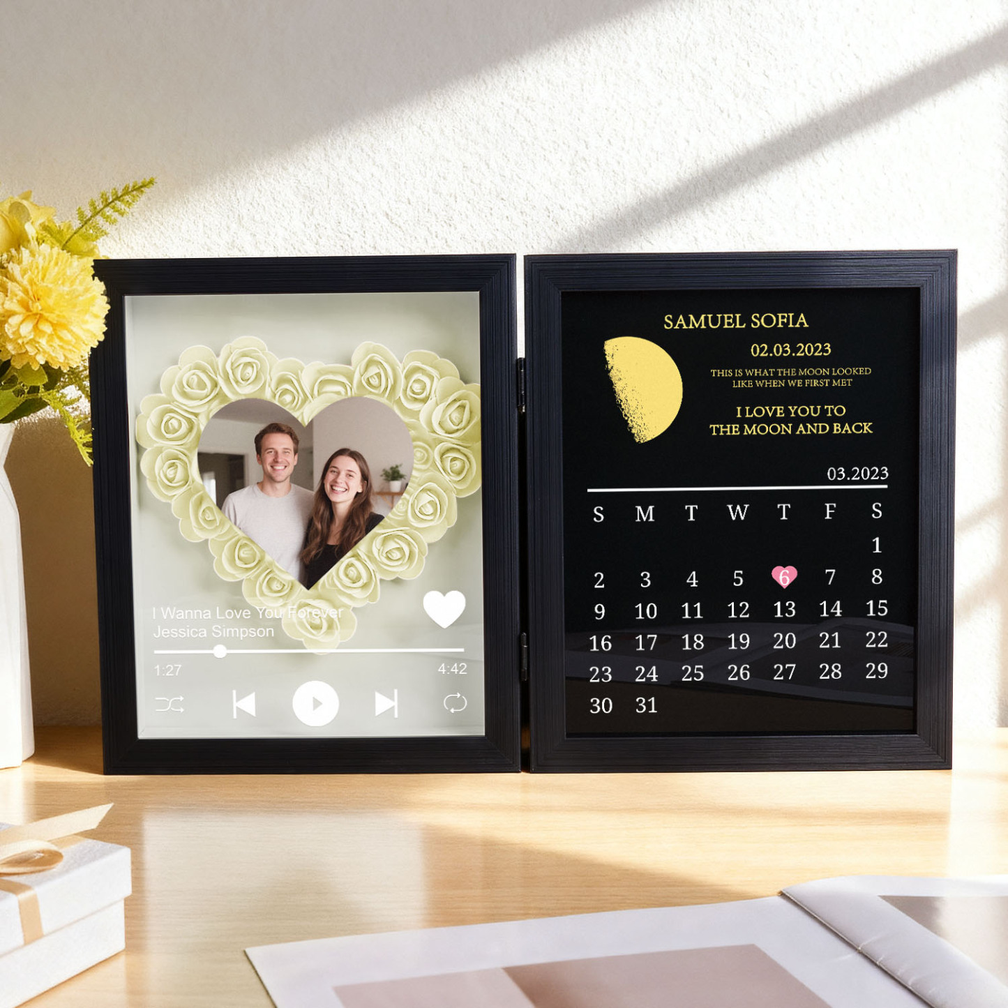 Custom Flowers Song Frame with Real Moon Phase Can Play Music Anniversary Calendar Gift for Her - CustWitUK