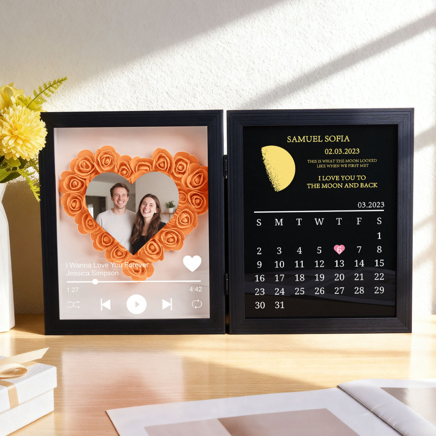 Custom Flowers Song Frame with Real Moon Phase Can Play Music Anniversary Calendar Gift for Her - CustWitUK