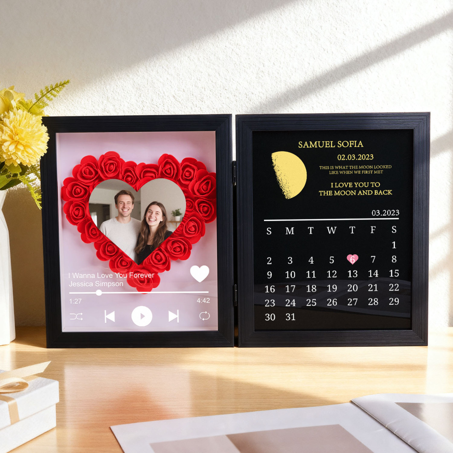 Custom Flowers Song Frame with Real Moon Phase Can Play Music Anniversary Calendar Gift for Her - CustWitUK