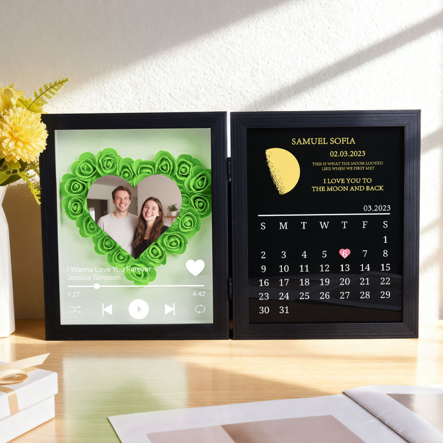 Custom Flowers Song Frame with Real Moon Phase Can Play Music Anniversary Calendar Gift for Her - CustWitUK