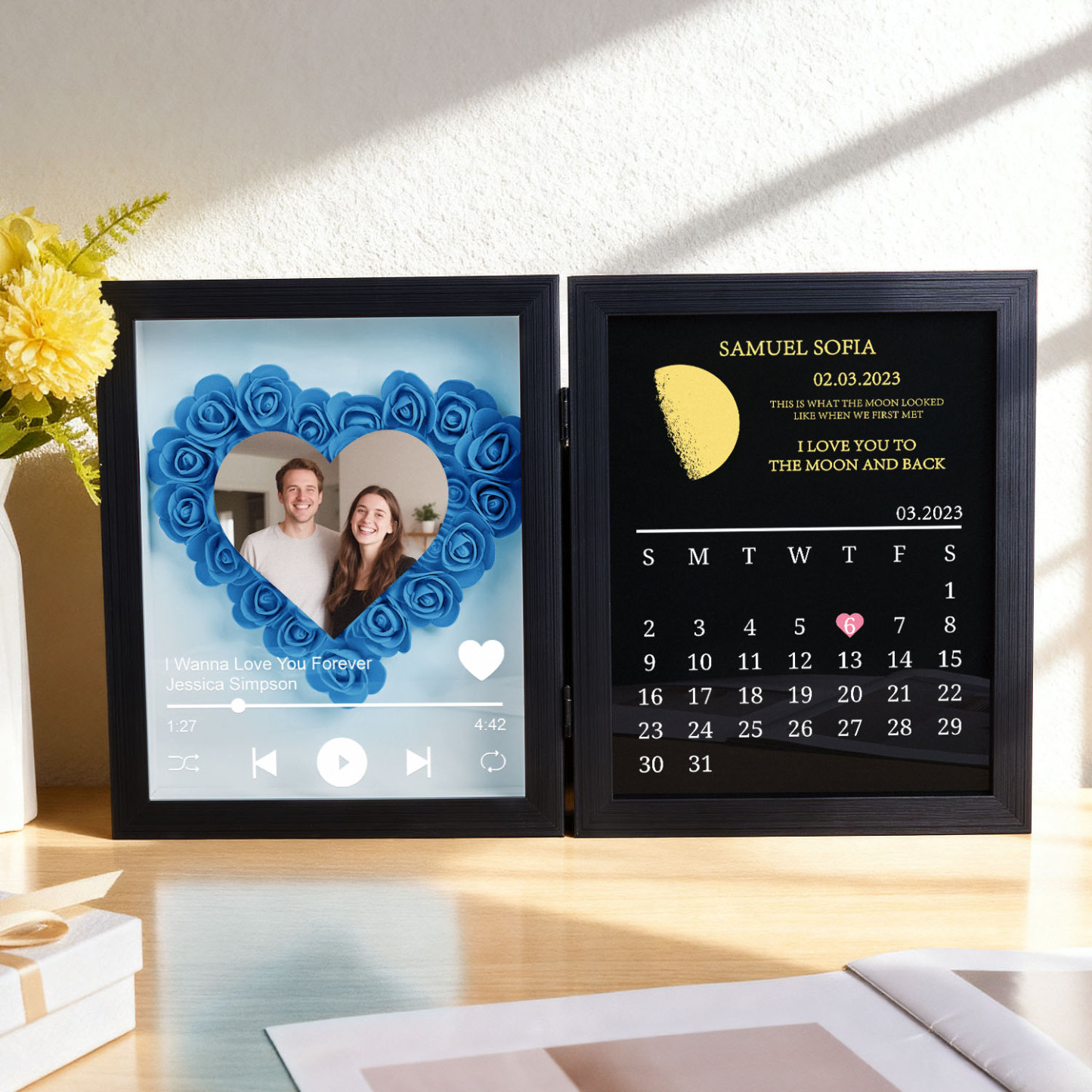Custom Flowers Song Frame with Real Moon Phase Can Play Music Anniversary Calendar Gift for Her - CustWitUK