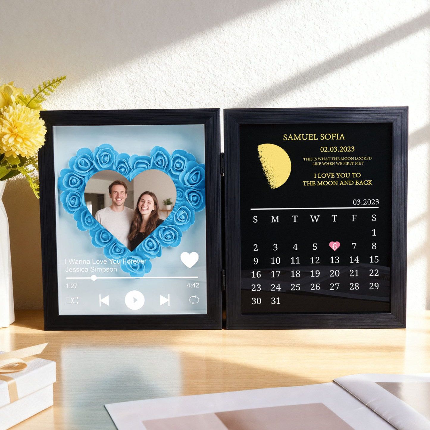 Custom Flowers Song Frame with Real Moon Phase Can Play Music Anniversary Calendar Gift for Her - CustWitUK