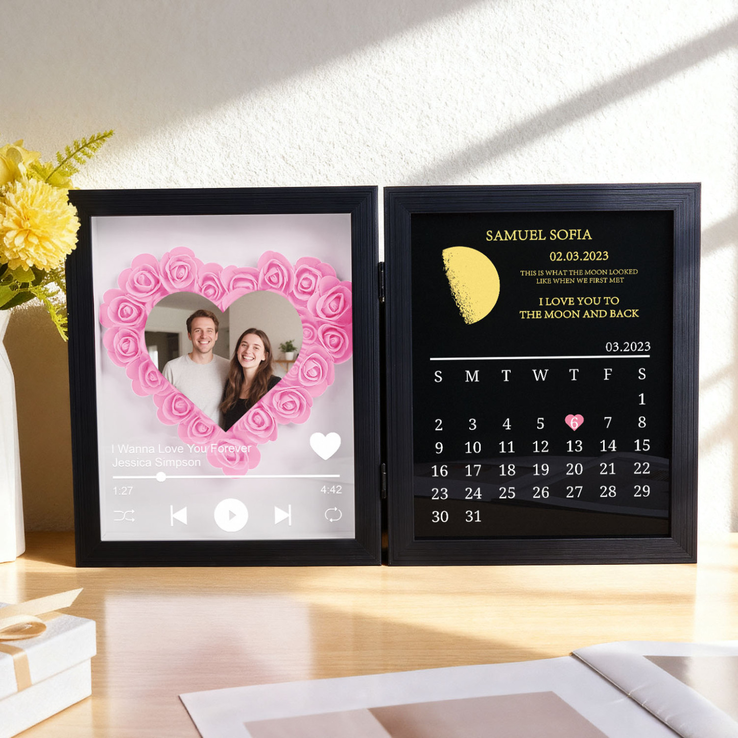 Custom Flowers Song Frame with Real Moon Phase Can Play Music Anniversary Calendar Gift for Her - CustWitUK