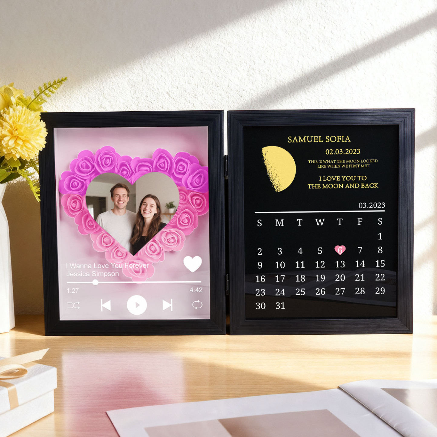 Custom Flowers Song Frame with Real Moon Phase Can Play Music Anniversary Calendar Gift for Her - CustWitUK
