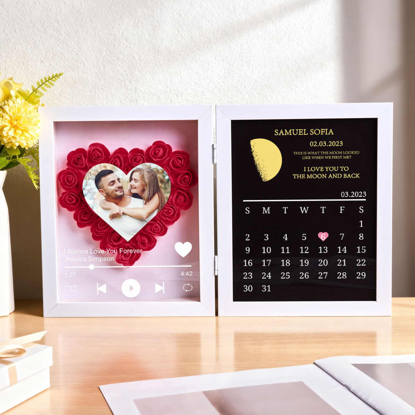 Custom Flowers Song Frame with Real Moon Phase Can Play Music Anniversary Calendar Gift for Her - CustWitUK