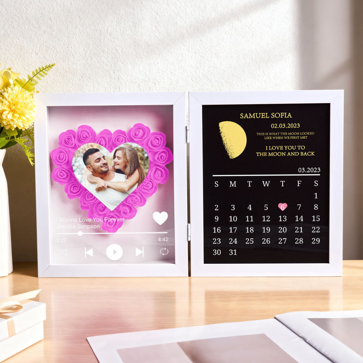 Custom Flowers Song Frame with Real Moon Phase Can Play Music Anniversary Calendar Gift for Her - CustWitUK