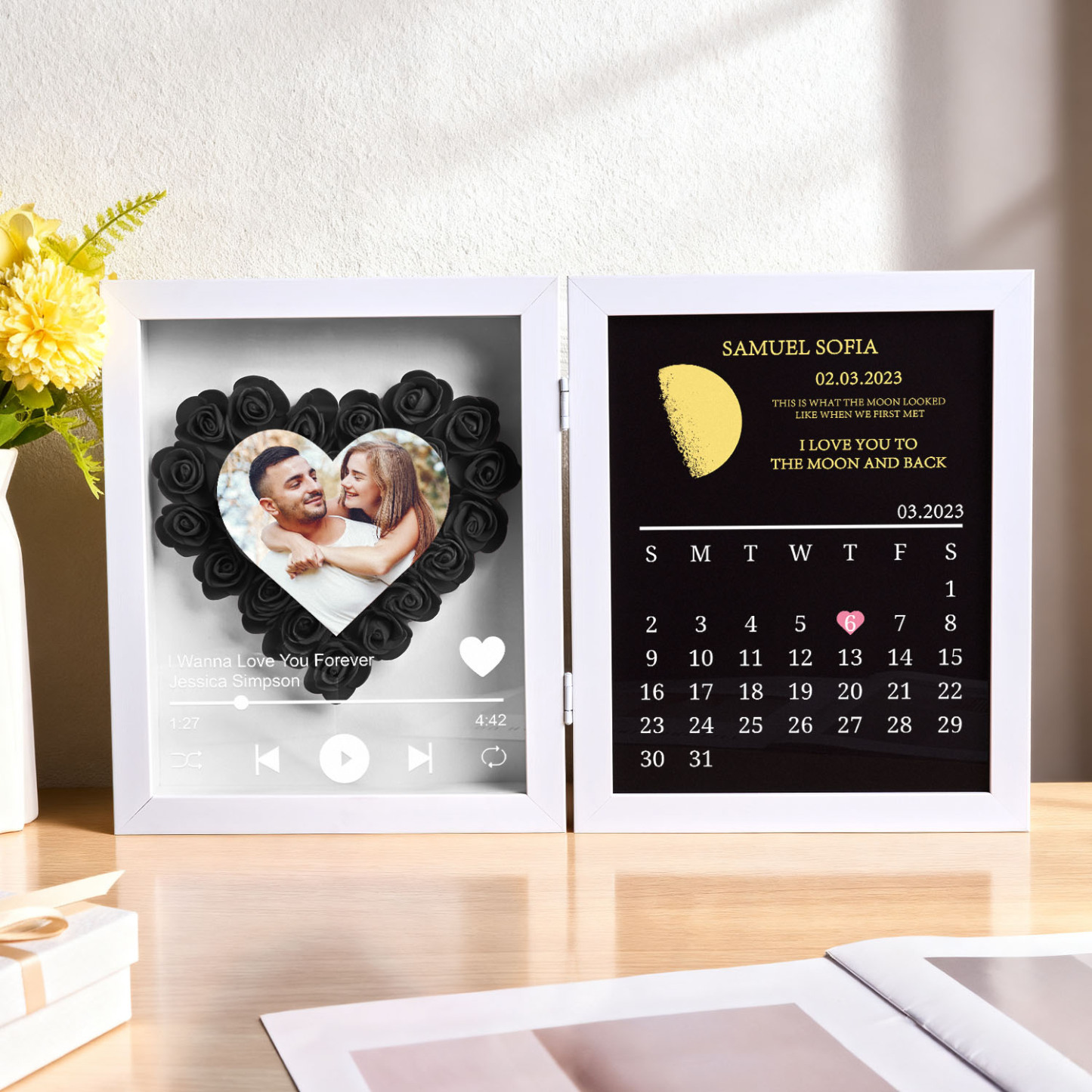 Custom Flowers Song Frame with Real Moon Phase Can Play Music Anniversary Calendar Gift for Her - CustWitUK
