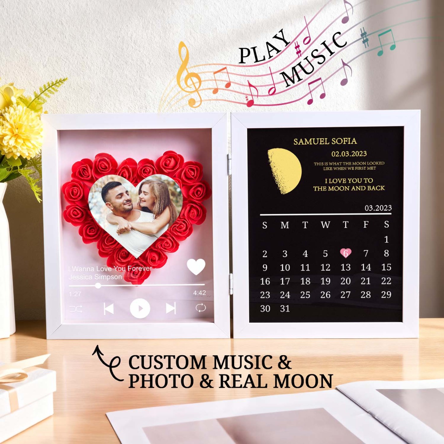 Custom Flowers Song Frame with Real Moon Phase Can Play Music Anniversary Calendar Gift for Her - CustWitUK