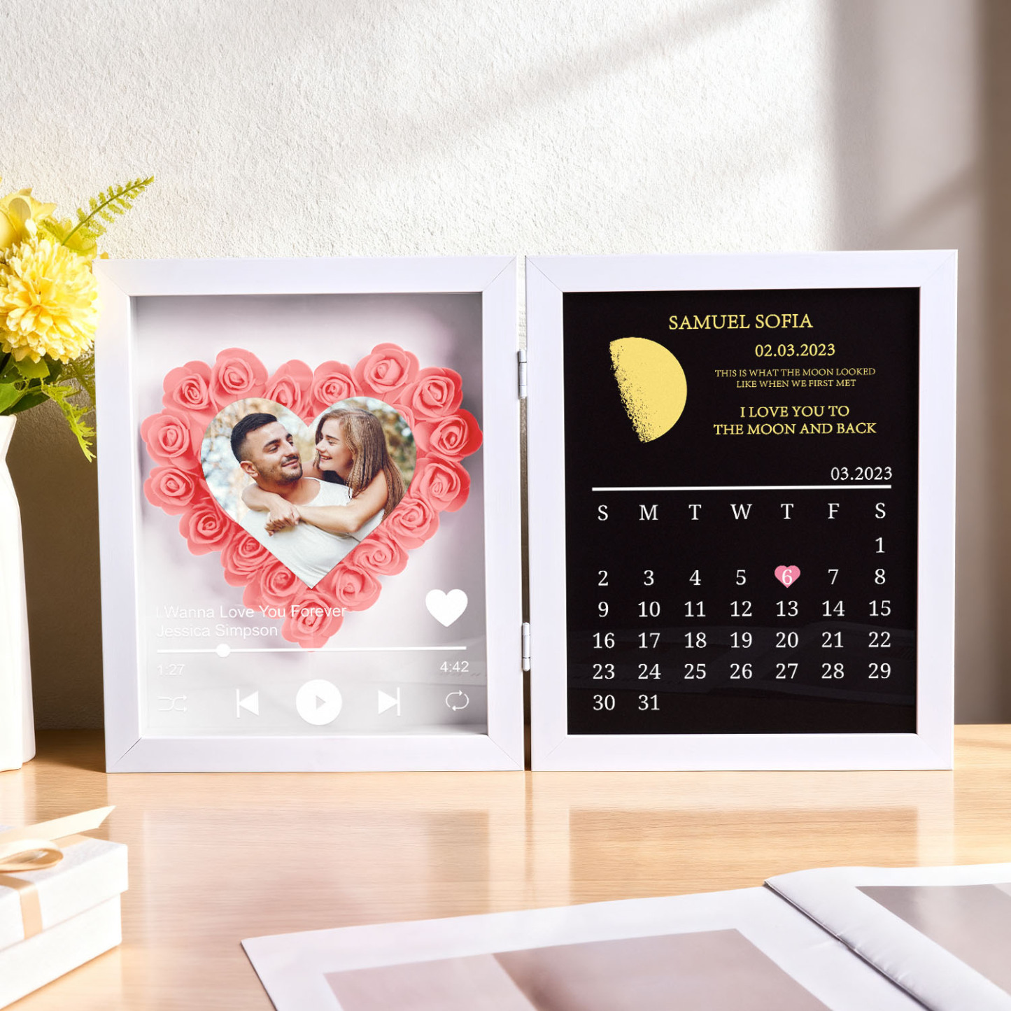 Custom Flowers Song Frame with Real Moon Phase Can Play Music Anniversary Calendar Gift for Her - CustWitUK