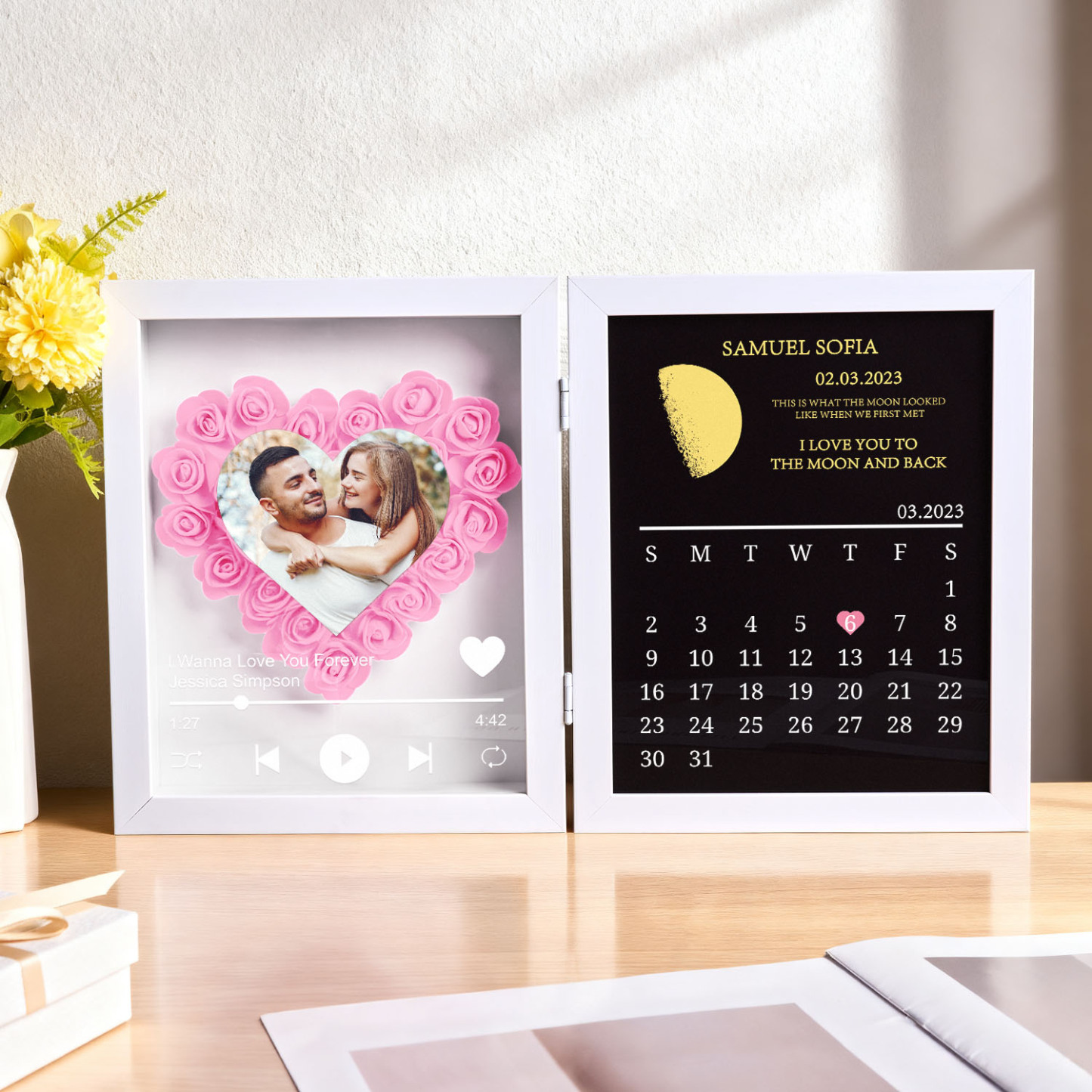 Custom Flowers Song Frame with Real Moon Phase Can Play Music Anniversary Calendar Gift for Her - CustWitUK