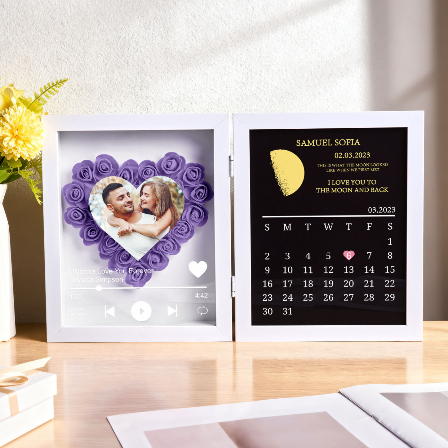 Custom Flowers Song Frame with Real Moon Phase Can Play Music Anniversary Calendar Gift for Her - CustWitUK