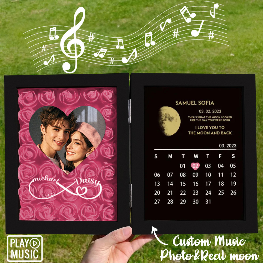 Custom Rose Flowers Frame with REAL MOON PHASE Can Play Music Anniversary Calendar Gift for Her - CustWitUK