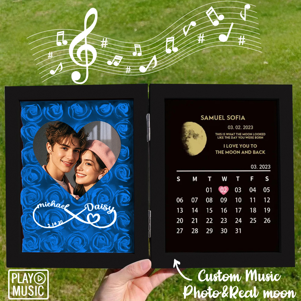 Custom Rose Flowers Frame with REAL MOON PHASE Can Play Music Anniversary Calendar Gift for Her - CustWitUK
