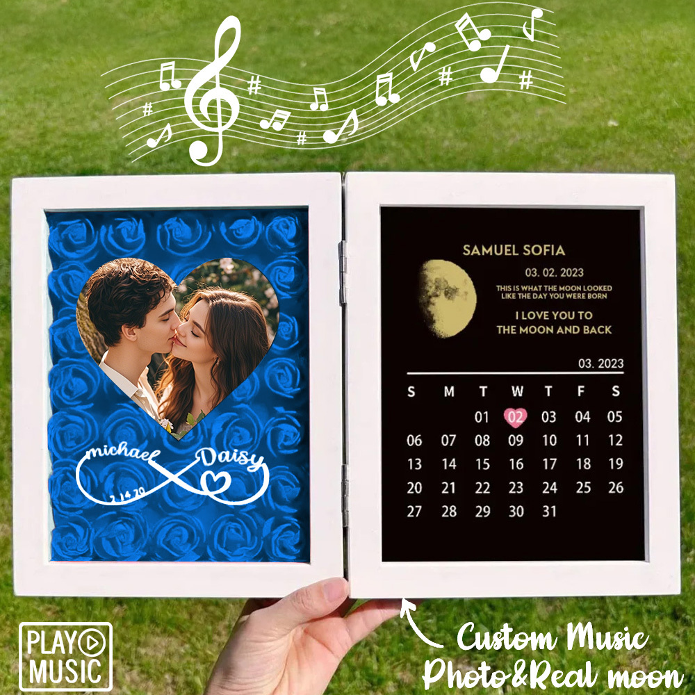 Custom Rose Flowers Frame with REAL MOON PHASE Can Play Music Anniversary Calendar Gift for Her - CustWitUK