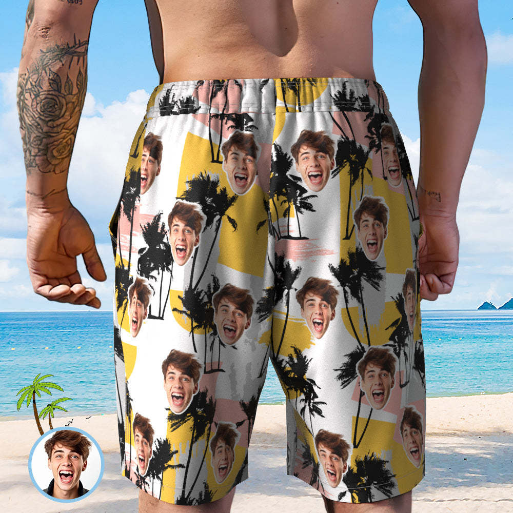 Shorts De Praia Personalizados Com Foto Personalizada E Estampa De Palmeira Aleatória - CustWitPT