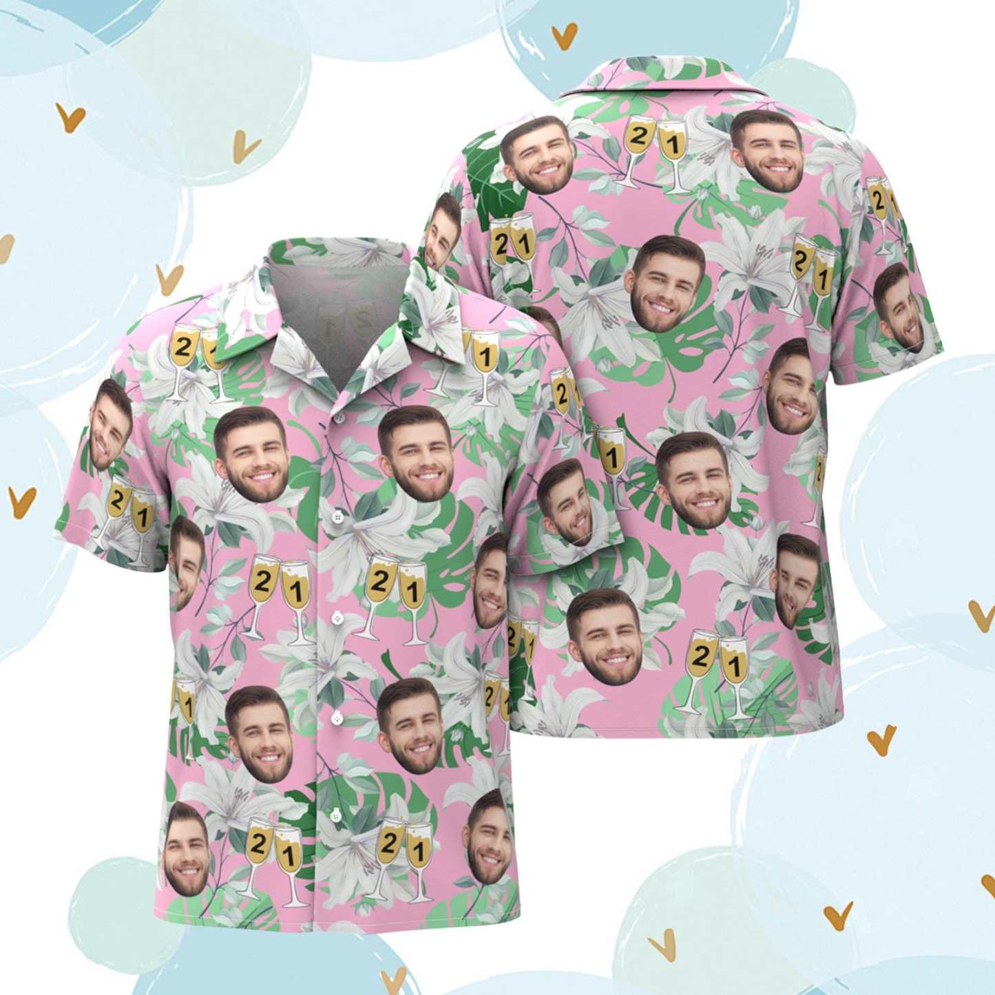 Camisa Havaiana Personalizada Com Número Em Copo De Vinho, Mangas Rosa E Verde, Camisa Havaiana Com Rosto, Presente Para Ele - CustWitPT