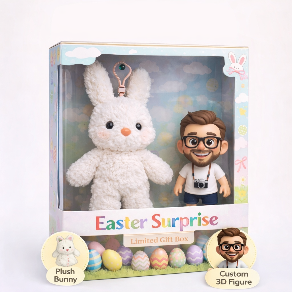 Caixa De Presente De Páscoa Personalizada Com Miniatura De Bebê Em 3d – Mini Boneca Personalizada Com Coelhinho De Pelúcia, A Partir De Uma Foto.