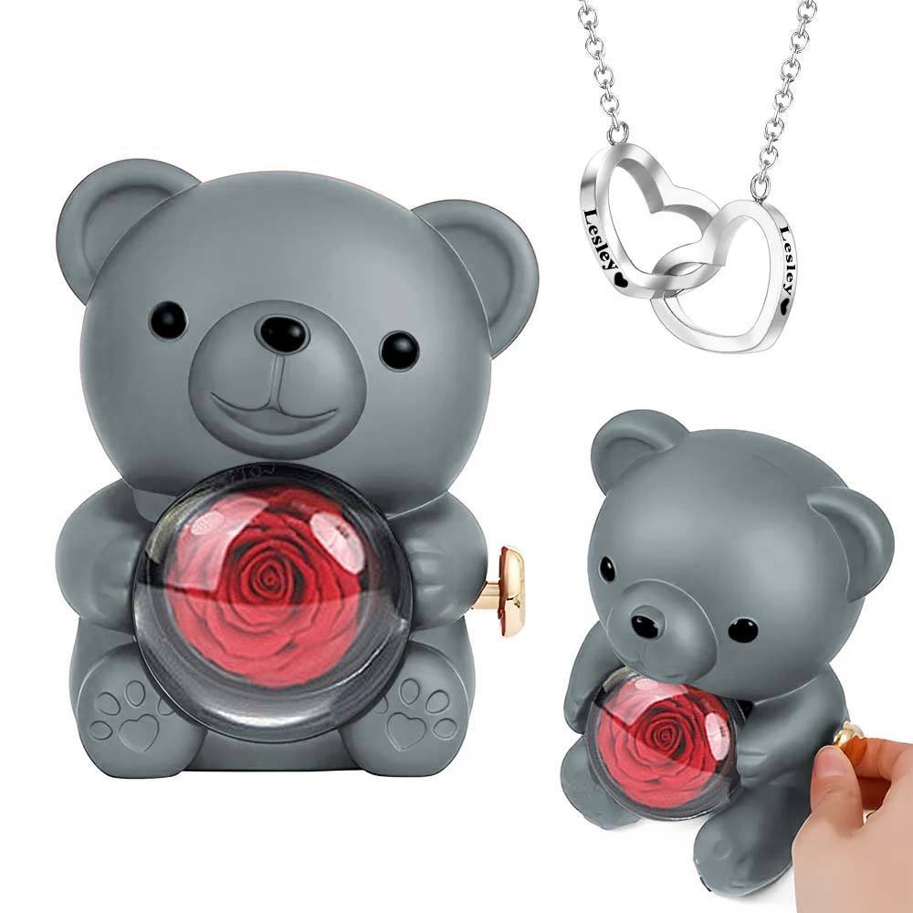 Colar Coração Gravado com Caixa Presente Urso de Rosa - CustWitPT