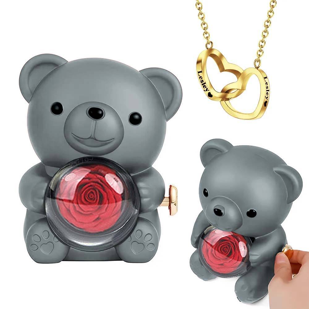 Colar Coração Gravado com Caixa Presente Urso de Rosa - CustWitPT