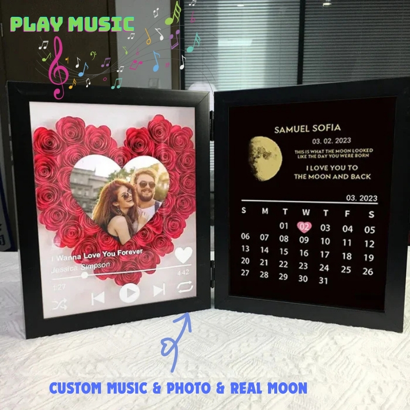 Custom Flowers Song Frame with Real Moon Phase Can Play Music Anniversary Calendar Gift for Her - CustWitUK