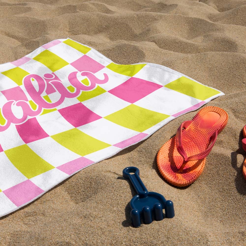 Toalha De Praia Personalizada Com Nome Personalizado, Toalha De Banho Xadrez, Presente De Férias De Verão - CustWitPT
