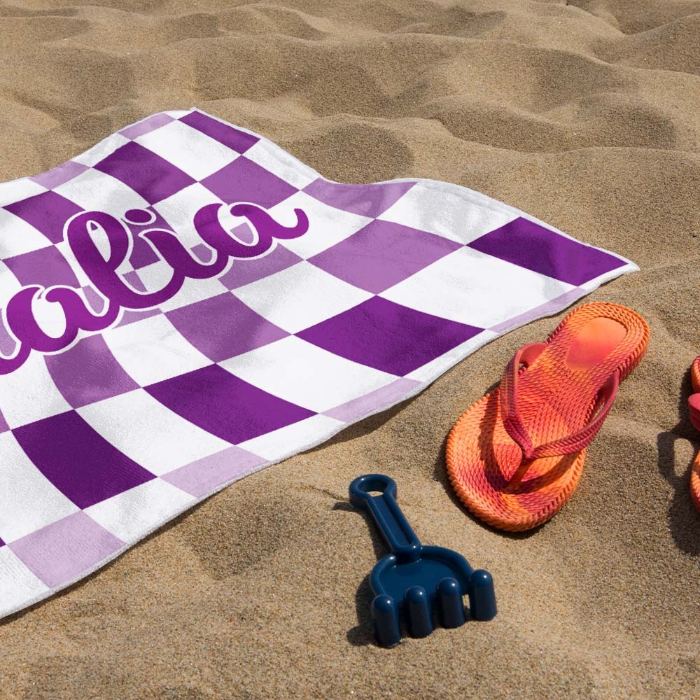 Toalha De Praia Personalizada Com Nome Personalizado, Toalha De Banho Xadrez, Presente De Férias De Verão - CustWitPT