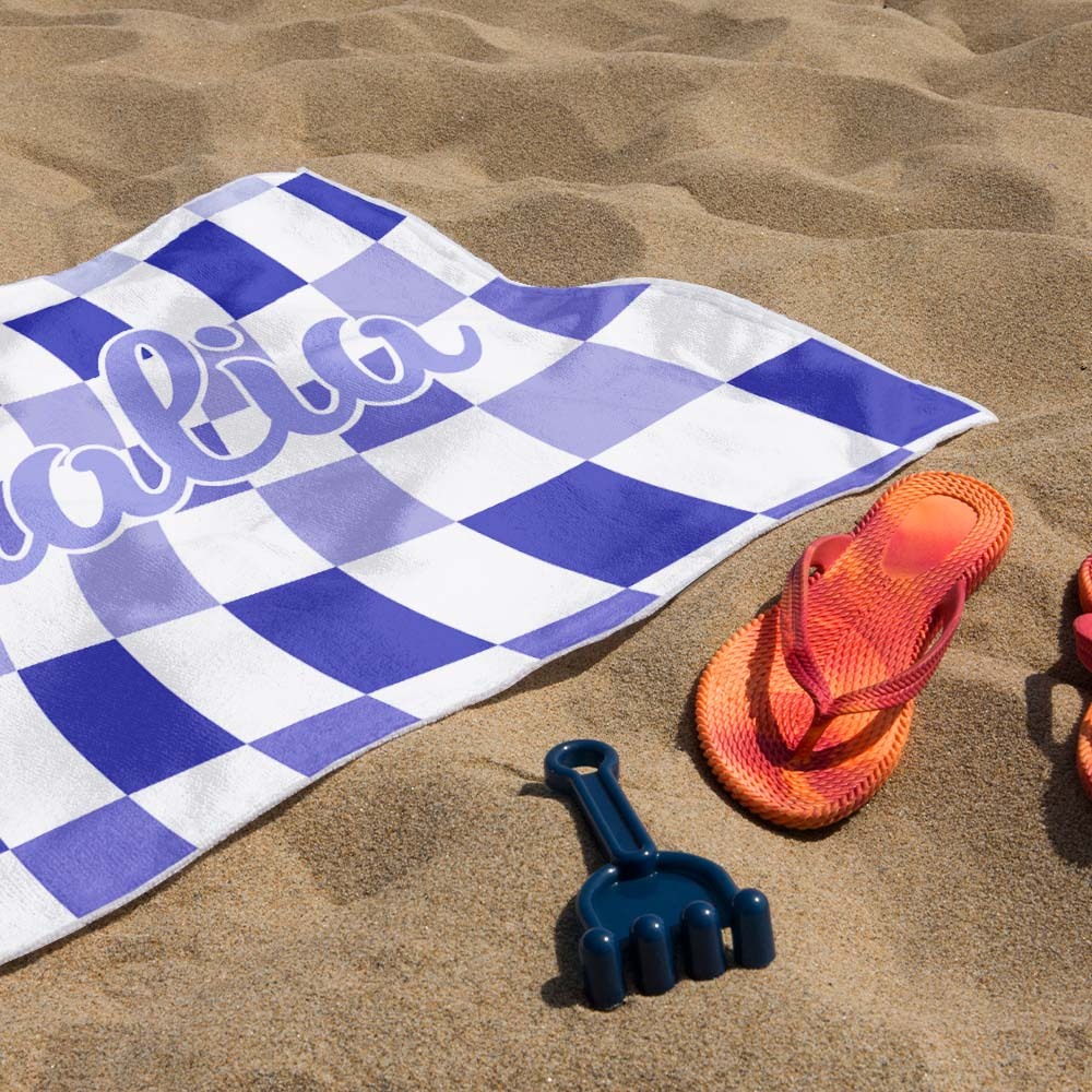 Toalha De Praia Personalizada Com Nome Personalizado, Toalha De Banho Xadrez, Presente De Férias De Verão - CustWitPT