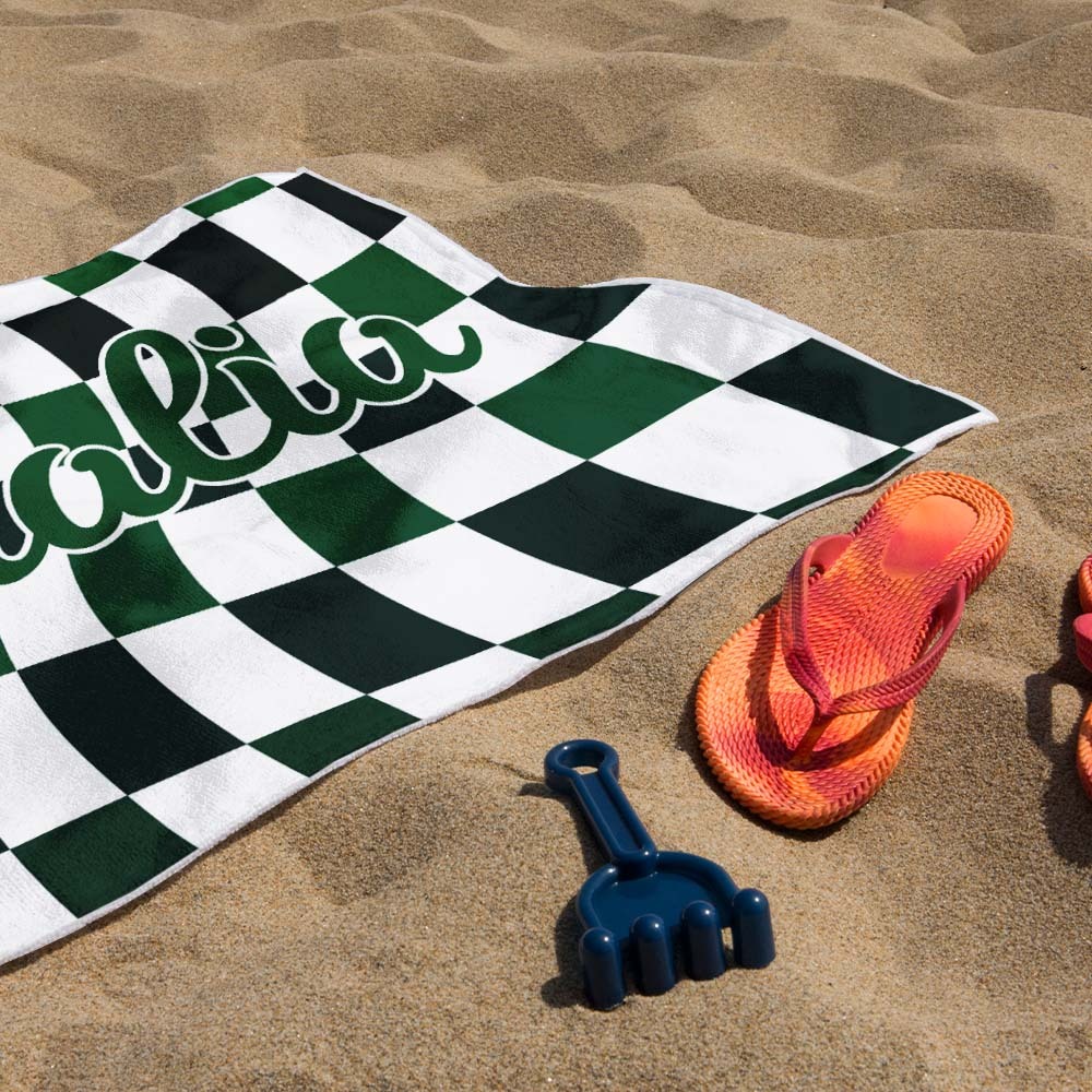 Toalha De Praia Personalizada Com Nome Personalizado, Toalha De Banho Xadrez, Presente De Férias De Verão - CustWitPT