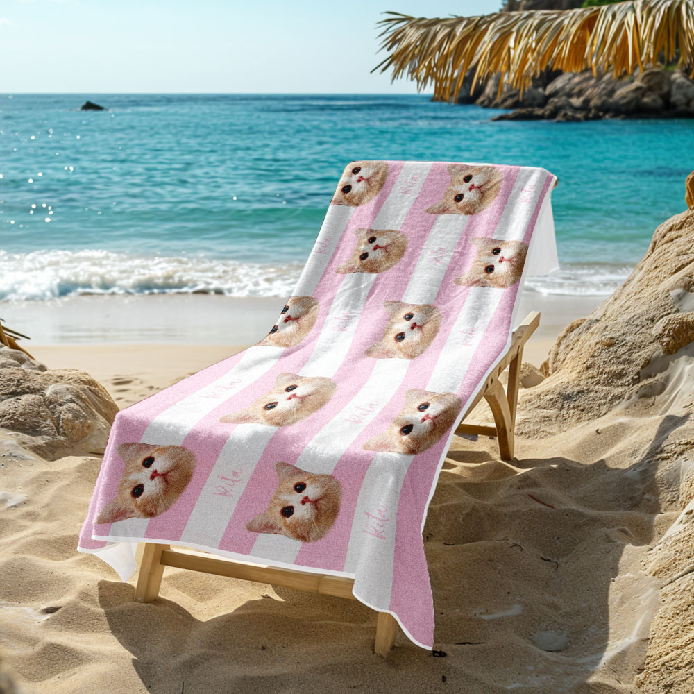 Toalha De Praia Listrada Com Foto Personalizada Para Animais De Estimação, Presente Para Férias De Verão - CustWitPT