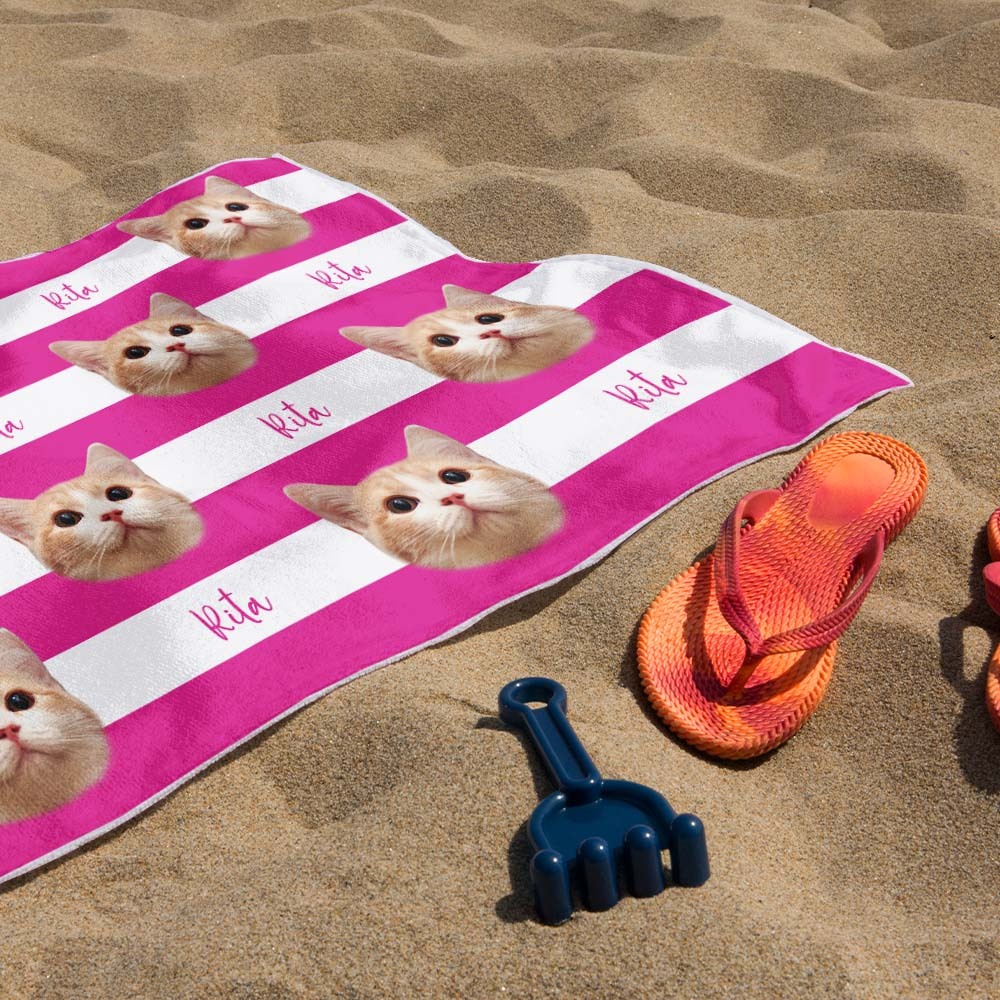 Toalha De Praia Listrada Com Foto Personalizada Para Animais De Estimação, Presente Para Férias De Verão - CustWitPT