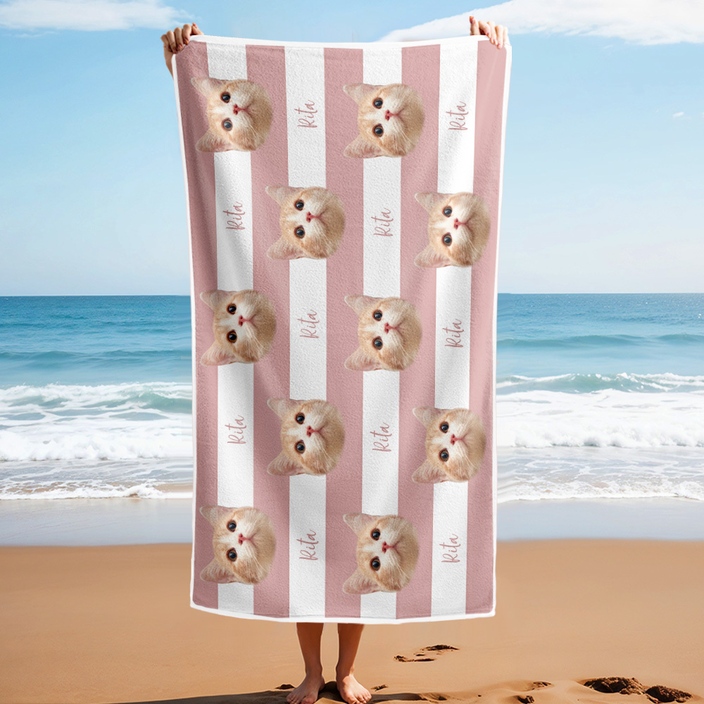Toalha De Praia Listrada Com Foto Personalizada Para Animais De Estimação, Presente Para Férias De Verão - CustWitPT