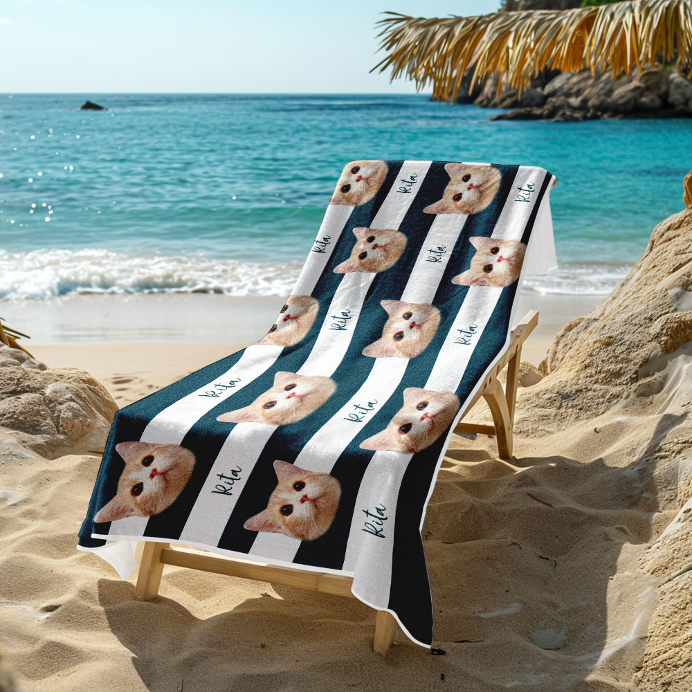 Toalha De Praia Listrada Com Foto Personalizada Para Animais De Estimação, Presente Para Férias De Verão - CustWitPT