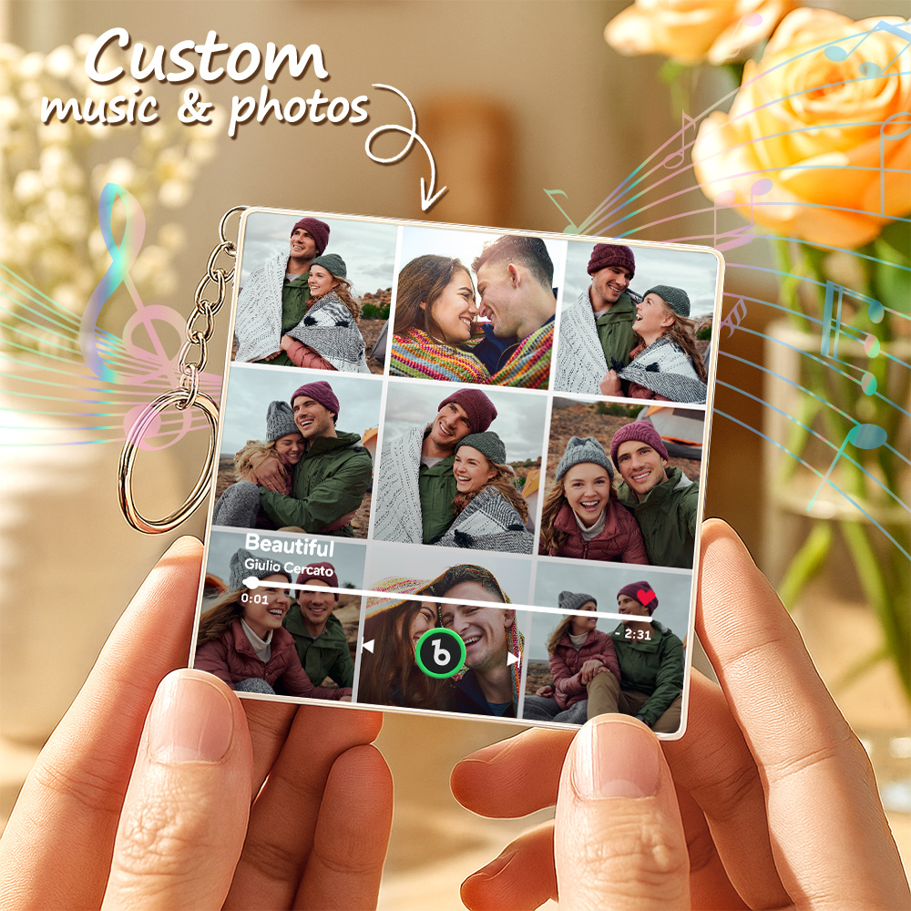 Personalized Photo Music Keychain Album Box Package Charm, Ready To Play Music Anniversary Gift - CustWitUK