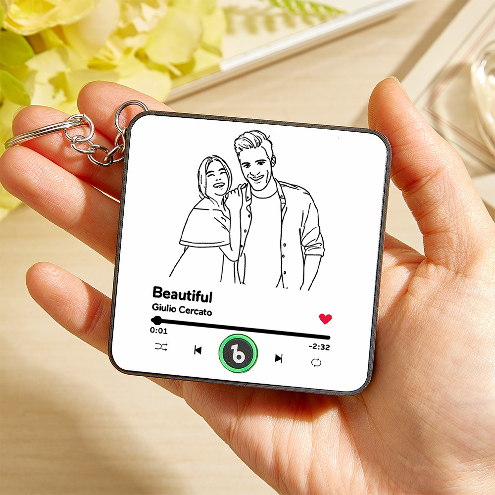 Personalized Lines Art Photo Music KeyChain Music Box Bag Charm That Plays Music Without Cell Phone Couple Gifts - CustWitUK