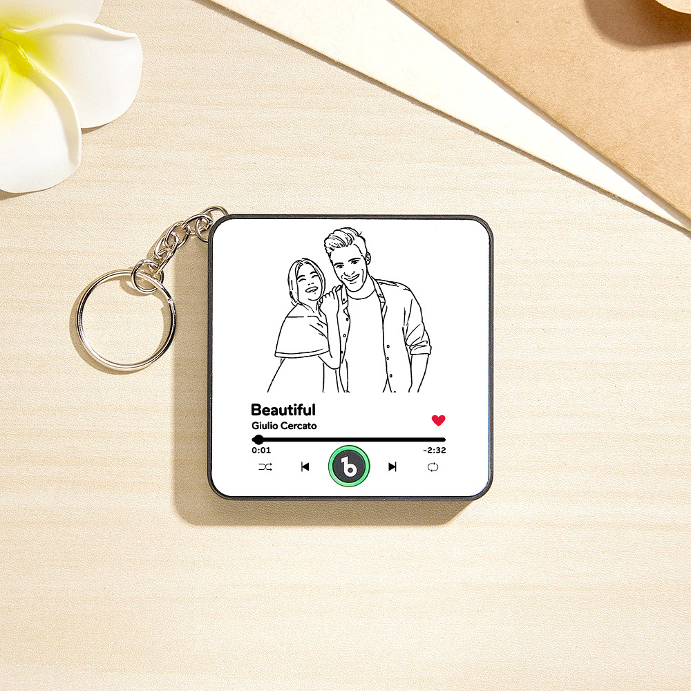Personalized Lines Art Photo Music KeyChain Music Box Bag Charm That Plays Music Without Cell Phone Couple Gifts - CustWitUK