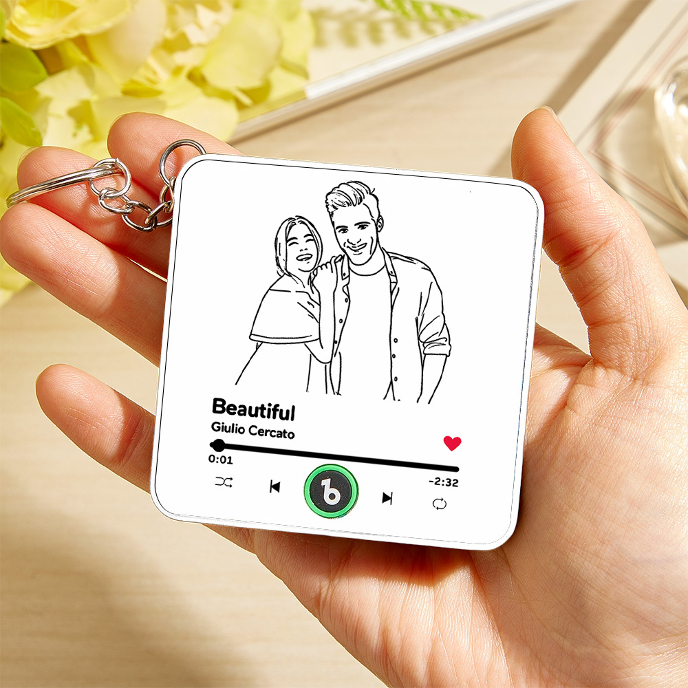 Personalized Lines Art Photo Music KeyChain Music Box Bag Charm That Plays Music Without Cell Phone Couple Gifts - CustWitUK