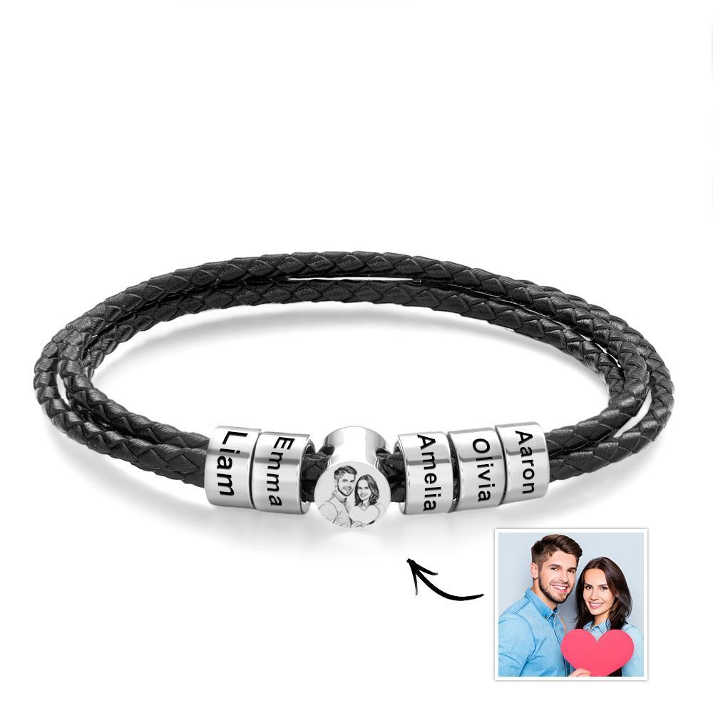 Pulseira De Couro Personalizada Para Homens, Gravada De 2 A 6 Nomes, Pulseiras Masculinas De Contas Para O Pai - CustWitPT