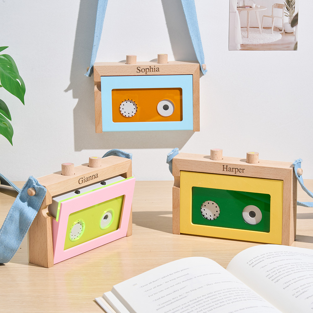 Mini Gravador De Madeira Para Crianças – Reprodutor De Música Portátil E Ecológico Com Alça De Jeans