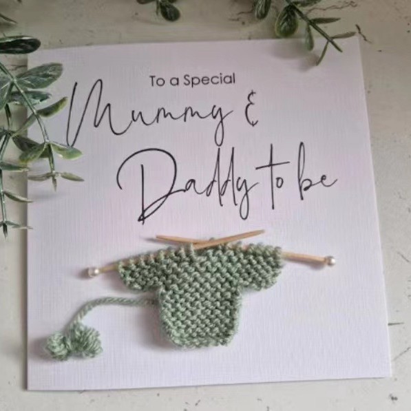 Green Sweater Newborn Baby Card Handmade Crochet Greeting Card 3D Knitted Card - CustWit