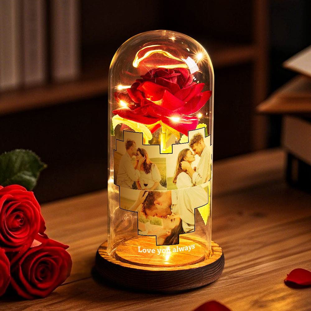 Luz Noturna Led Personalizada Com Foto E Texto, Flor Rosa Eterna, Luz Noturna Personalizada Em Formato De Coração, Capa De Vidro Com Flor Rosa Eterna Para Presente De Aniversário De Namorados - CustWitPT