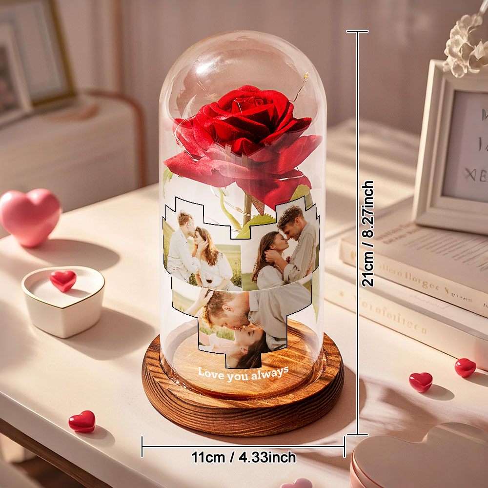 Luz Noturna Led Personalizada Com Foto E Texto, Flor Rosa Eterna, Luz Noturna Personalizada Em Formato De Coração, Capa De Vidro Com Flor Rosa Eterna Para Presente De Aniversário De Namorados - CustWitPT