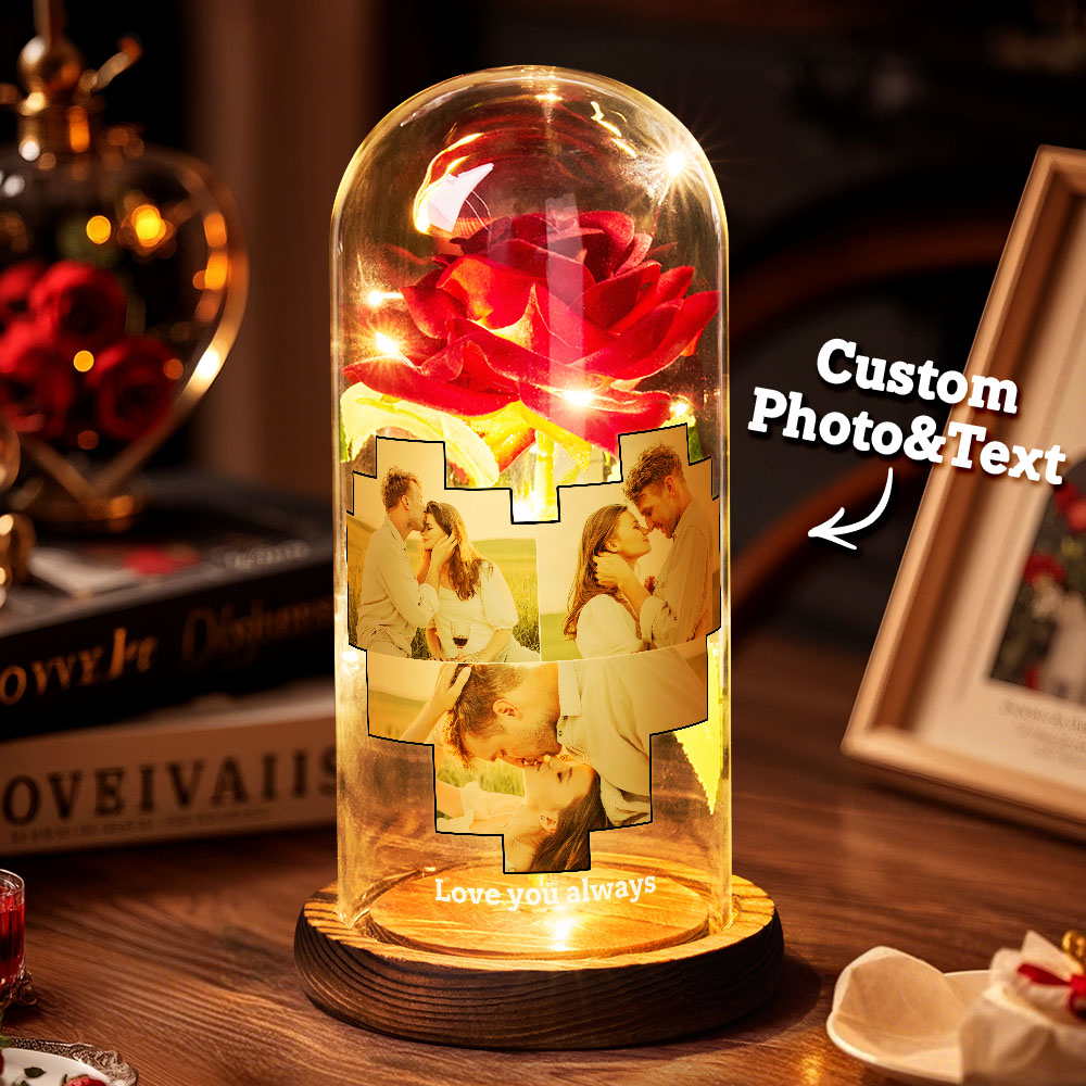 Luz Noturna Led Personalizada Com Foto E Texto, Flor Rosa Eterna, Luz Noturna Personalizada Em Formato De Coração, Capa De Vidro Com Flor Rosa Eterna Para Presente De Aniversário De Namorados