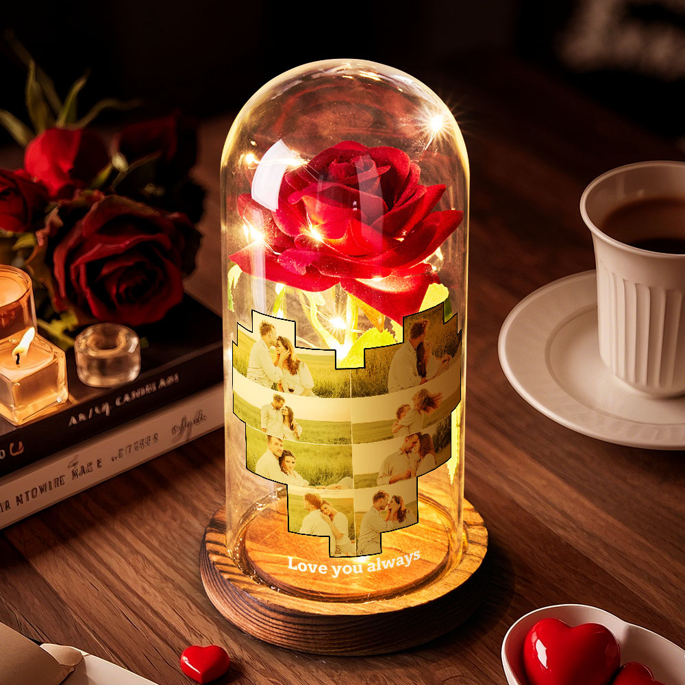 Luz Noturna Led Personalizada Com Foto E Texto, Flor Rosa Eterna, Luz Noturna Personalizada Em Formato De Coração, Capa De Vidro Com Flor Rosa Eterna Para Presente De Aniversário De Namorados - CustWitPT