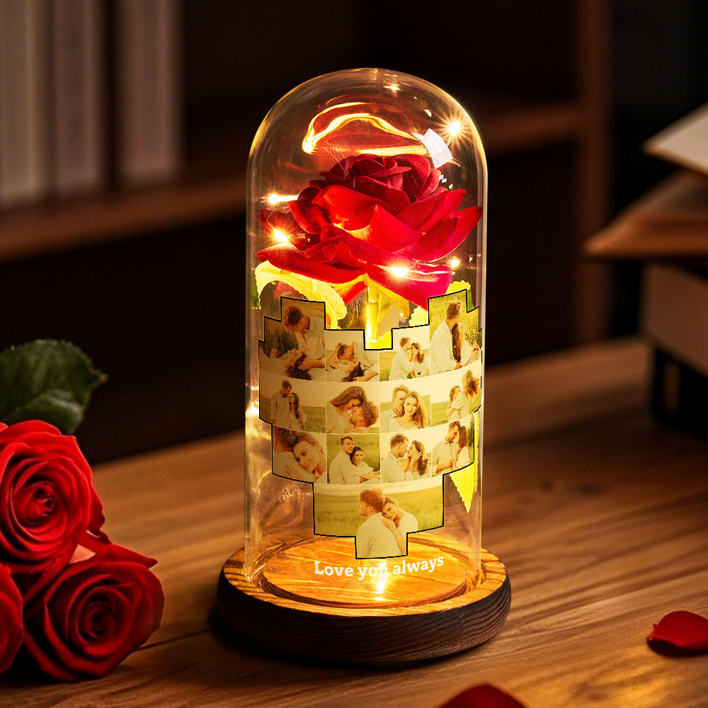 Luz Noturna Led Personalizada Com Foto E Texto, Flor Rosa Eterna, Luz Noturna Personalizada Em Formato De Coração, Capa De Vidro Com Flor Rosa Eterna Para Presente De Aniversário De Namorados - CustWitPT