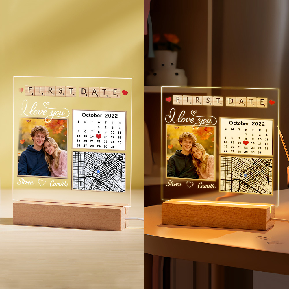 Custom First Date Night Light Personalized Photo Acrytic Lamp Unique Anniversary Gift for Couples, Wedding Keepsake