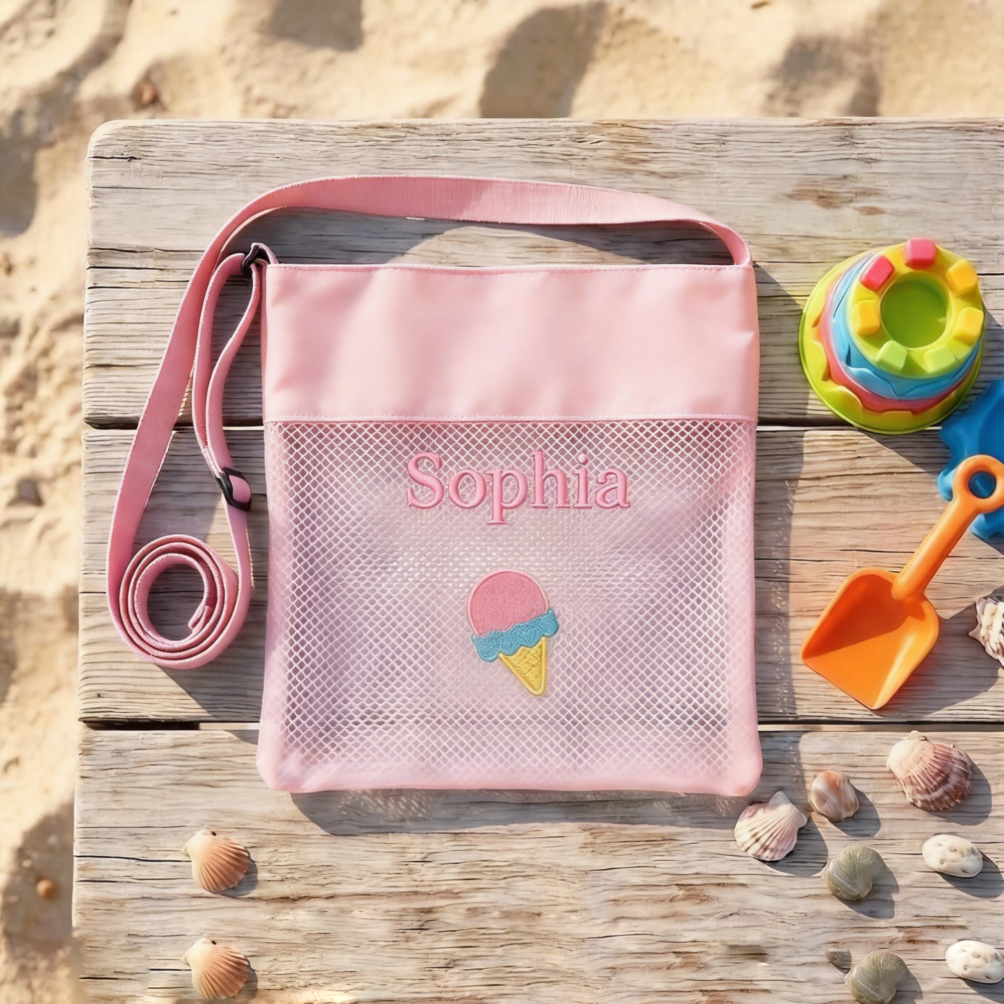 Bolsa De Praia De Malha Bordada Personalizada, Sacola De Coleção De Concha Com Nome Personalizado Para Crianças, Presente De Aniversário De Férias De Verão, Bolsa De Piscina, Presente Para Criança - CustWitPT