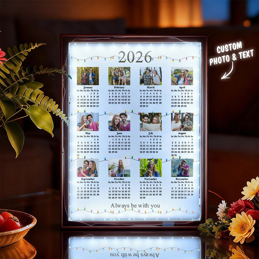 Espelho Com Calendário Fotográfico Personalizado Para 2026 E Luz - Presente Exclusivo Para Aniversários, Natal E Casais.